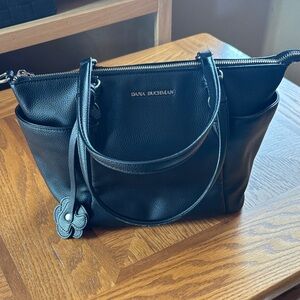 Dana Buchman Black Pebbled Vegan Leather Tote purse with Flower Charm